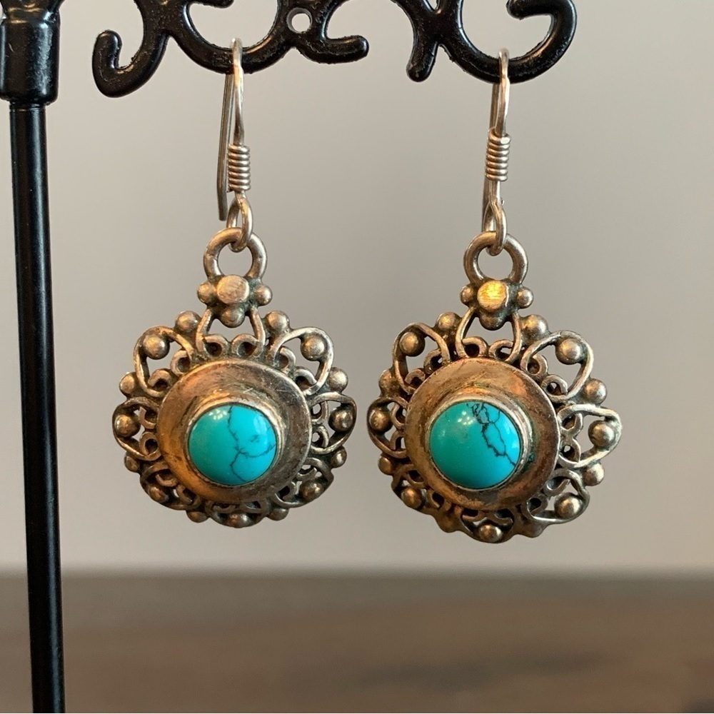 Sterling Silver Turquoise Stone Earrings Vintage Stamped 925 Round Detailed